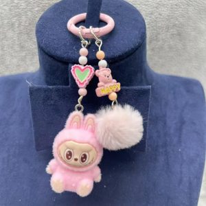 Soft Pink Labubu Keychain with Cute Charms